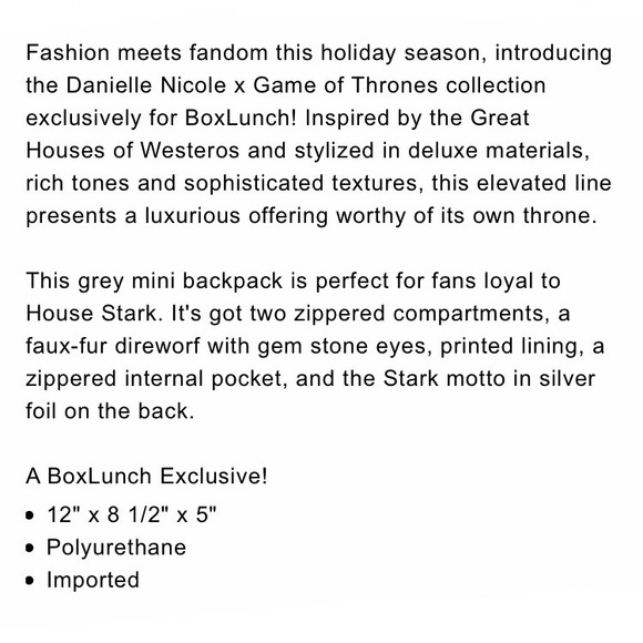 DANIELLE NICOLE GAME OF THRONES House Stark MINI BACKPACK & ZIPPER POUCH! - Picture 6 of 8